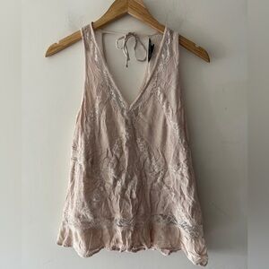 American Eagle Pink Cream Floral Lace Babydoll Top
